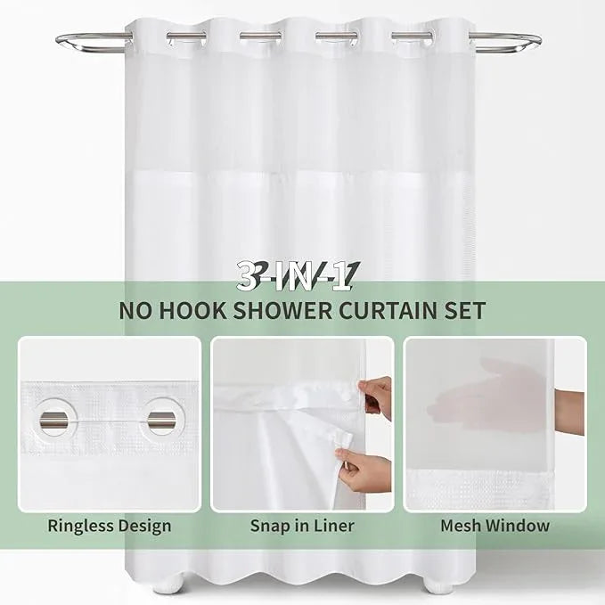 eachope Stall No Hook Shower Curtain with Snap-in Fabric Liner Set,Waffle Weave Shower Curtains for Bathroom,Hotel Luxury Decor Bathroom Curtain Set,Waterproof & Washable,White,54Wx80H - ModernBath