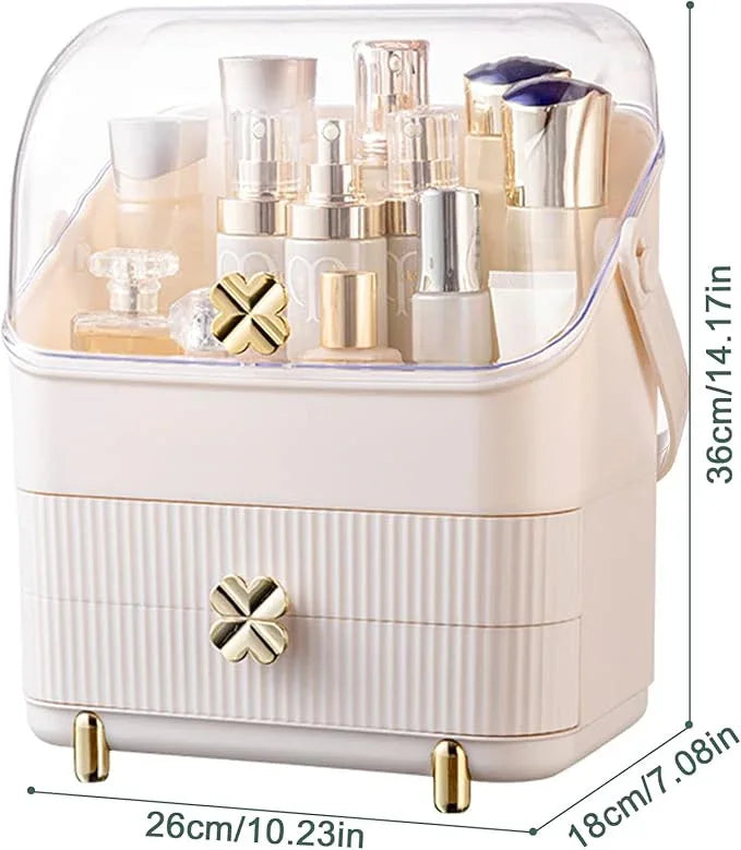 Preppy Skincare Organizers Makeup Organizer Holder Cosmetic Storage Box Display Case 3 Tiers Dust Free Cover Portable Handle 2 Rroomy Drawers Gift Great For Bathroom Countertop Dresser Ivory White - ModernBath