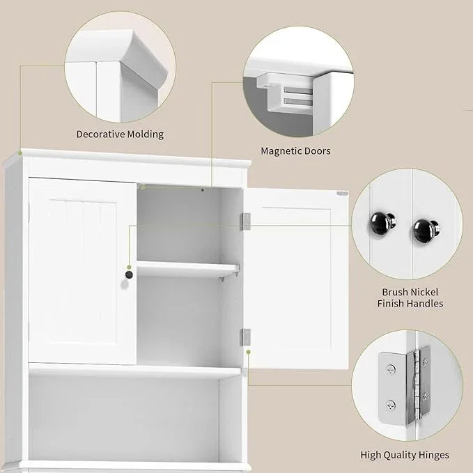 Gizoon Over The Toilet Storage Cabinet with Adjustable Shelf and Double Doors, Bathroom Space Saver Organizer Above Toilet with Open Shelf, Taller Wooden Free Standing Toilet Rack -White - ModernBath
