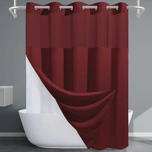 EUTXL Burgundy No Hook Shower Curtain with Snap in Liner,230GSM Waffle Weave Shower Curtains for Bathroom,71W x 74H - ModernBath
