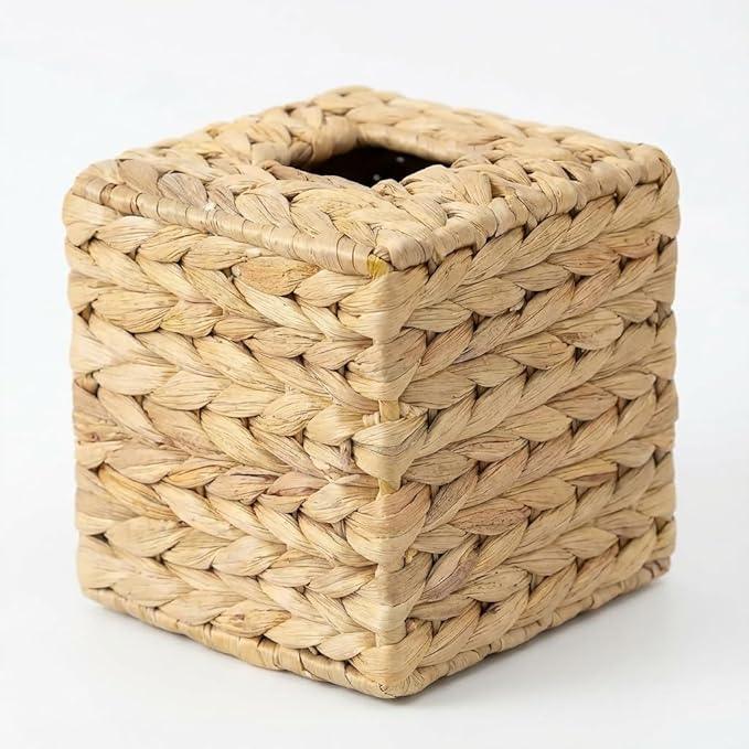 Rattan Tissue Box Cover, Square Wicker Tissue Box Holder, Handwoven Boho Decorative Cube Napkin Box, Rustic Water Hyacinth Tissue Holders for Bathroom Office Table Livingroom Local Stock - ModernBath