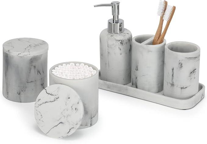 ZCCZ White Marble Bathroom Accessories Set 6 Pieces - Toothbrush Holder, Lotion Dispenser, Qtip Container, Vanity Tray, Tumbler - Countertop Organizer for Bathrooms - Elegant and Functional Décor Set - ModernBath