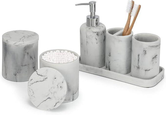 ZCCZ White Marble Bathroom Accessories Set 6 Pieces - Toothbrush Holder, Lotion Dispenser, Qtip Container, Vanity Tray, Tumbler - Countertop Organizer for Bathrooms - Elegant and Functional Décor Set - ModernBath