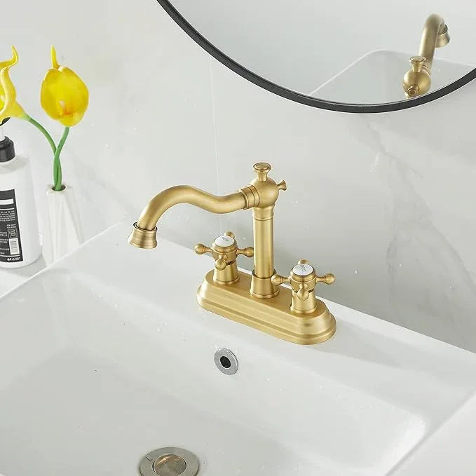 GGStudy Bathroom Faucet Antique Brass 2 Handles 4 Inches Centerset Bathroom Vanity with Drain Assembly and Supply Hose Lavatory Faucet - ModernBath