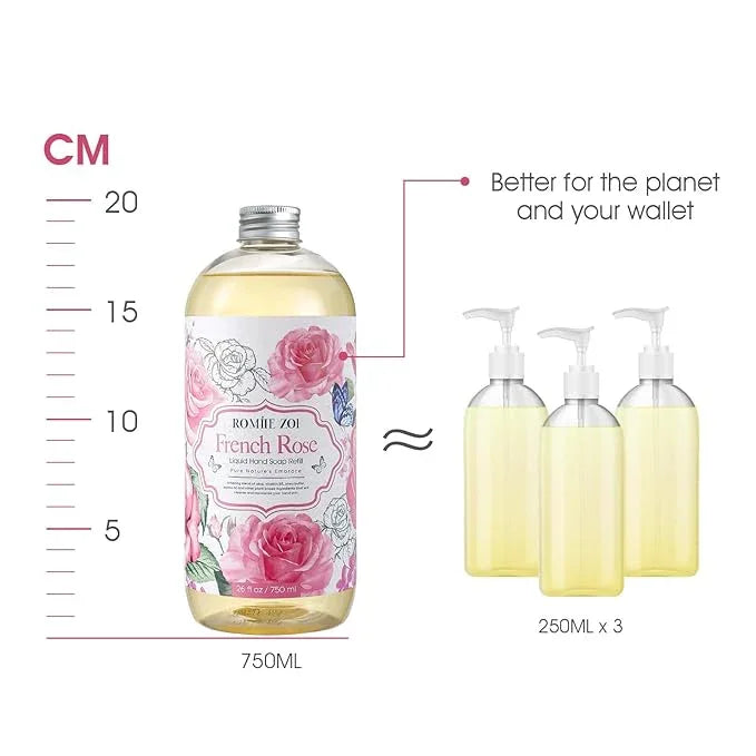 ROMIIE ZOI Rose Liquid Hand Soap Refill Gift Set – 3 Pack (26 Fl Oz Each), Romantic Floral Scent, Moisturizing & Gentle, Biodegradable Formula with Essential Oils for Bathroom, Kitchen - ModernBath