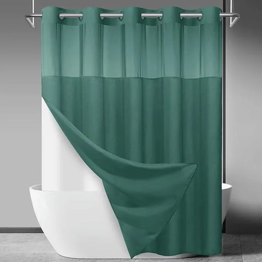 SORTTO No Hook Slub Textured Shower Curtain with Snap in Liner - Peacock Blue Fabric Outer Curtain & Waterproof Inner Liner, Hotel Style with See Through Top Window, 71x74 in - ModernBath