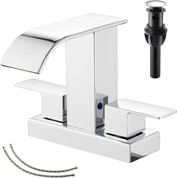 GGStudy Chrome Bathroom Faucet Modern 2 Handles 4 Inches Centerset RV Waterfall Bathroom Vanity Faucet with Drain Assembly - ModernBath