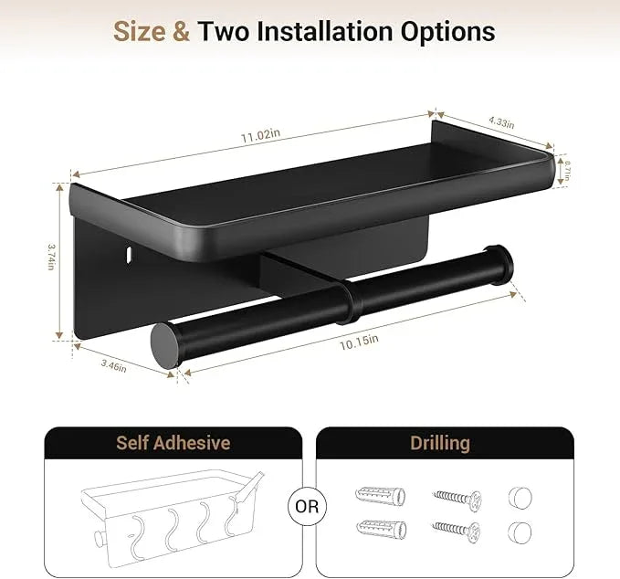 Toilet Paper Holder with Shelf,LigoVenmo Toilet Paper Holder Wall - Modern Minimal Aluminium Double Roll Design,Adhesive or Screw Bathroom Black Toilet Paper Roll Holder with Wipes Storage - ModernBath