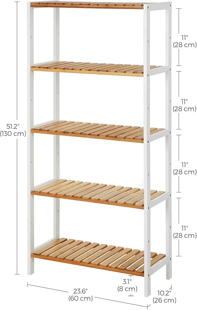 SONGMICS Bamboo Storage Shelf, 5-Tier Shelving Unit, Multifunctional, in The Entryway, Bathroom, Living Room, Balcony, Kitchen, 10.2 x 23.6 x 51.2 Inches, Cloud White and Light Bamboo UBCB35WN - ModernBath