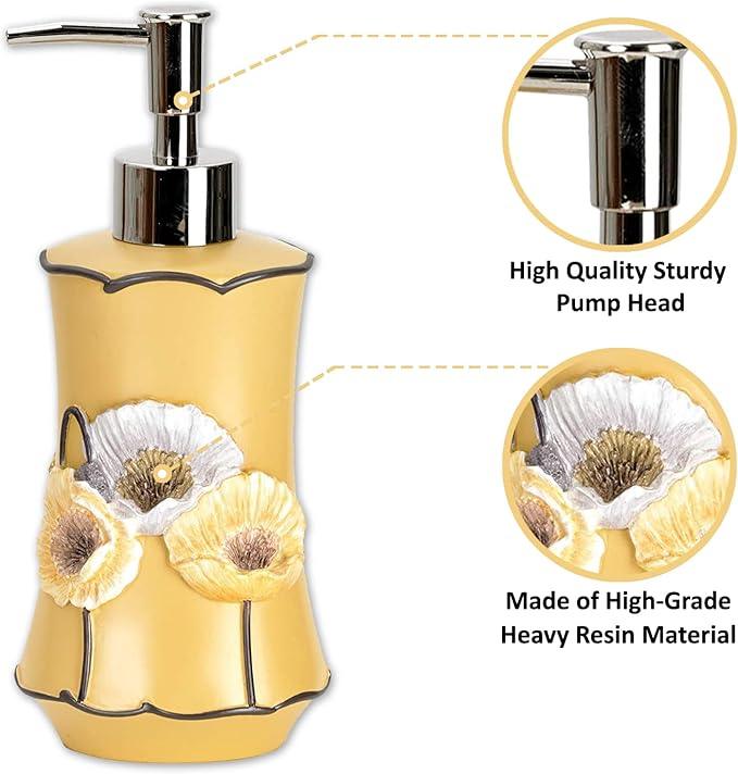 Zahari Home 4pc Poppy Fields Yellow Bathroom Accessories Set Hand Soap Dispenser, Tumbler, Tooth Brush Holder and Soap Dish Modern Contemporary Decor Complete Bathroom Sets with Shower Curtains - ModernBath