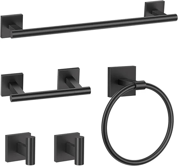 TURS Matte Black 5 Piece Bathroom Hardware Accessories Set, SUS304 Stainless Steel Bath Towel Bar Set, 24 Inch Round Bathroom Accessories Kit Wall Mounted - ModernBath