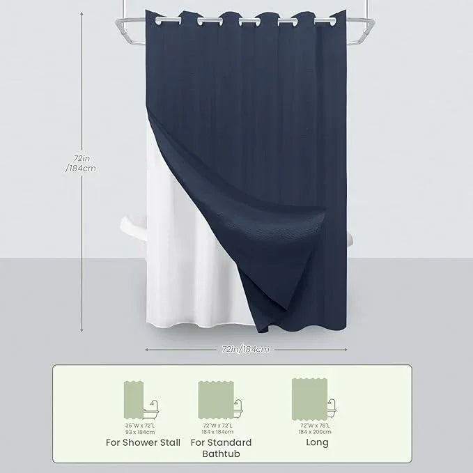 Inhousolu No Hook Waffle Weave Shower Curtain with Removable Snap in Fabric Liner Set for Bathroom, 230 GSM Heavy Duty Weighted Hem, Water Repellent Washable Bath Curtains, 72 x 72 Inch, Navy Blue - ModernBath
