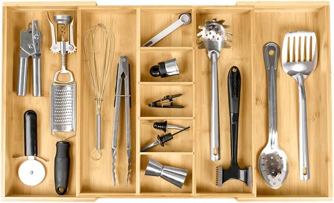 KitchenEdge Adjustable Bamboo Kitchen Drawer Organizer for Utensils and Junk, Expandable to 28 inches Wide, 9 Compartments - ModernBath
