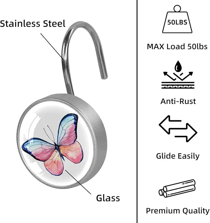 12 Pcs Decorative Shower Curtain Hooks, Rust Proof Glass Surface Stainless Steel Rings for Bathroom Bedroom Kitchen Home Bath Room Rods Decor (Pink Blue Watercolor Butterfly) - ModernBath