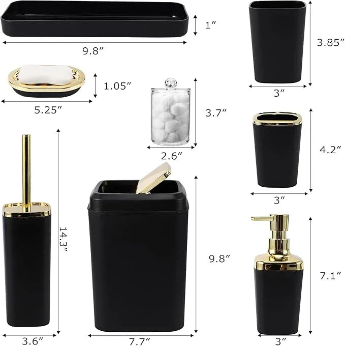 XLHOMO Black Bathroom Accessories Set, Black and Gold Bathroom Accessories with Trash Can, Tray, Soap Dispenser, Soap Dish, Toothbrush Holder, Toothbrush Cup,Toilet Brush and Qtip Holders - ModernBath