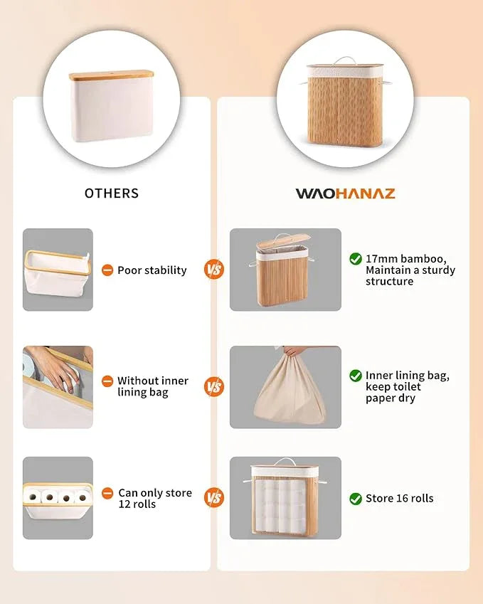 Bamboo Toilet Paper Storage with Lid & Handel, 8 Gallons (30L), Sturdy Toilet Paper Basket, Organizer for Bathroom, Kitchen, Holder with Storage, Natural - ModernBath