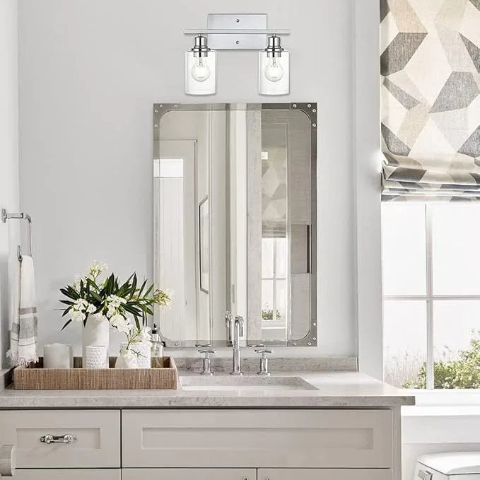 VINLUZ Bathroom Light Fixtures in Chrome Finish,2 Light Industrial Indoor Wall Sconce with Clear Glass Shade Metal Vanity Lighting Over Mirror Bulb Not Included - ModernBath