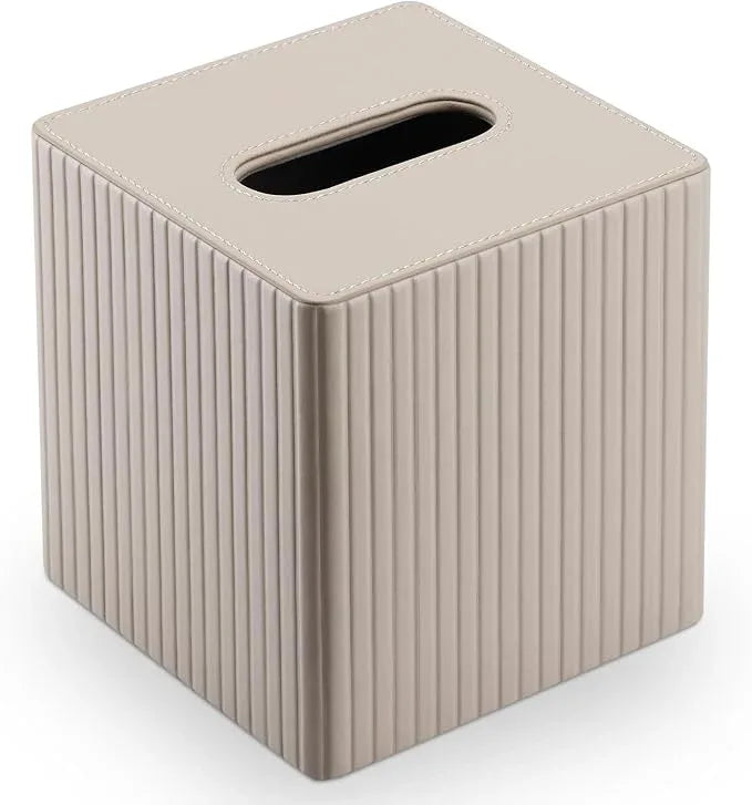 KINGFOM Tissue Box Cover, PU Leather Square Tissue Box Holder for Kleenexs with Magnetic Bottom Cover for Facial Tissues/Napkins, Office & Living Room Decor Box (Beige Strips) - ModernBath