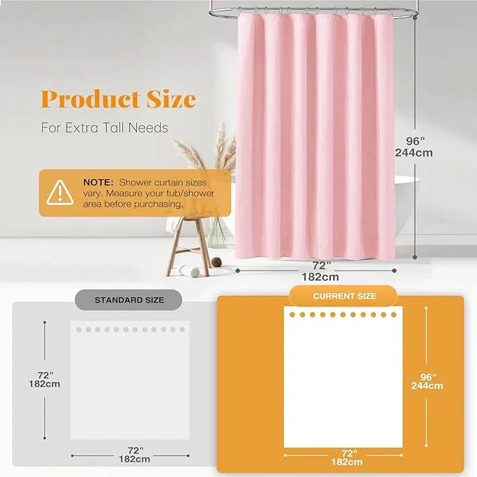 BTTN Extra Long Shower Curtain, 96 Inch Linen Textured Heavy Duty Fabric Shower Curtain Set with 12 Plastic Hooks, Large Luxury Decorative Polyester Cloth Shower Curtains for Bathroom, 72"x96", Pink - ModernBath