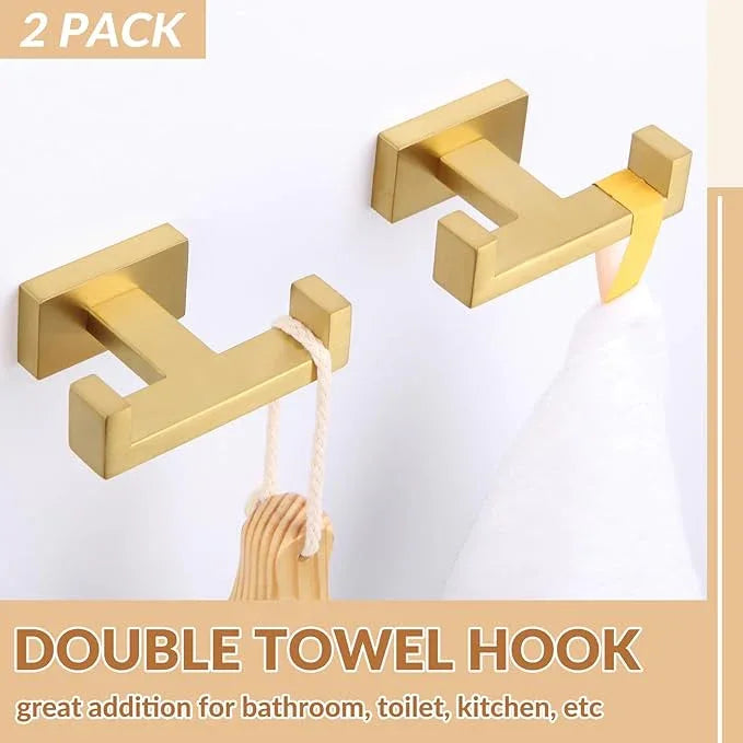 APLusee Double Bath Towel Hook 2 Pack, Solid Stainless Steel Square Dual Coat Holder, Modern Bathroom Kitchen Storage Hanger Wall Mounted, Brushed Gold - ModernBath