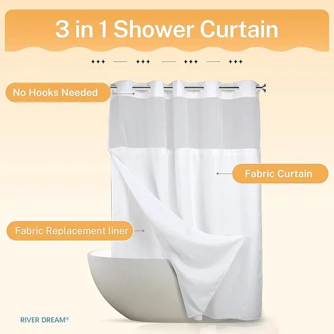 River Dream Heavyweight No Hooks Required Dotted Waffle Weave Shower Curtain with Snap in Liner，Bathroom Curtains Shower Set - 71W x 74H,Hotel Grade,Spa Like Bath Curtain,White - ModernBath