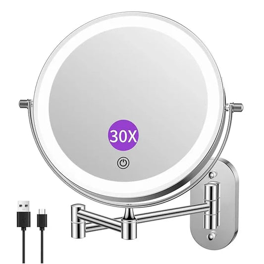 FUNTOUCH 5000mAh Rechargeable Wall Mounted Lighted Makeup Vanity Mirrors, Double Sided 1X 30X Magnifying, 3 Color Lighting, Touch Screen Dimming, Extended Arm 360 Rotation Shaving Bathroom Mirror - ModernBath