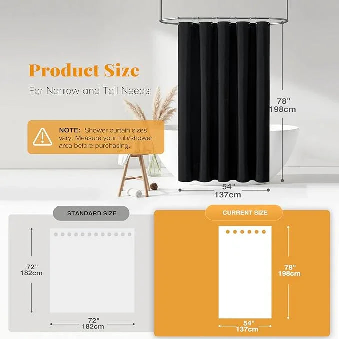BTTN Stall Fabric Shower Curtain, 54x78 Inch Long Linen Textured Heavy Duty Cloth Shower Curtain Set with 10 Plastic Hook, Narrow Hotel Spa Weighted Bath Curtains for Bathroom, Machine Washable, Black - ModernBath