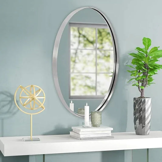 ANDY STAR Brushed Nickel Mirror Bathroom, 24x32 Inch Brushed Nickel Oval Mirror, Stainless Steel Metal Frame Oval Vanity Mirrors Hangs Horizontal or Vertical, Modern Style for Home - ModernBath