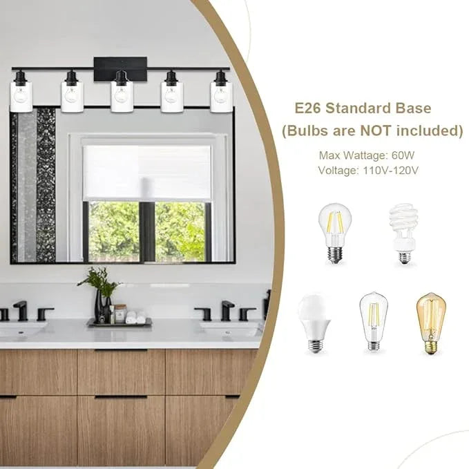VINLUZ Bathroom Lighting Fixtures Over Mirror Matte Black,5-Lights Farmhouse Vanity Lights Wall Mount Light Fixture for Porch Workshop - ModernBath