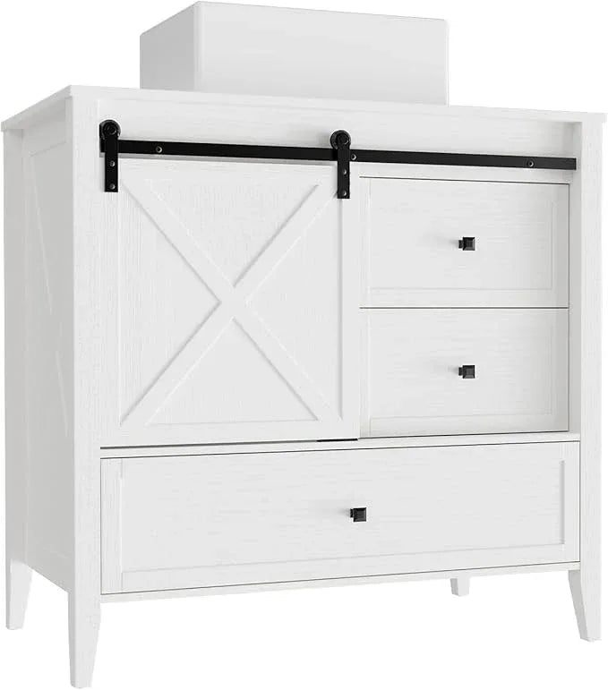 VNN Bathroom Vanity with Sink - 36 Inch Bathroom Vanity with Sink Ceramic, Freestanding Cabinet with Farmhouse Sliding Barn Door and 3 Drawers, Space-Saving Storage Cabinet, Wood Grain Texture, White - ModernBath