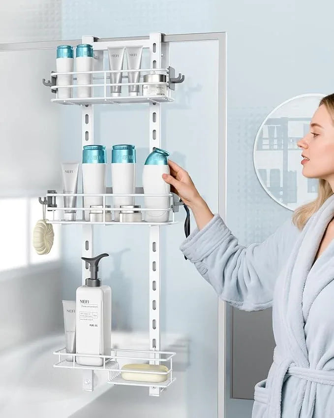 Nieifi Over the Door Shower Caddy, Adjustable 3 Tier Hanging Shower Organizer with Soap Holder Bathroom Shelves with Hooks, White - ModernBath