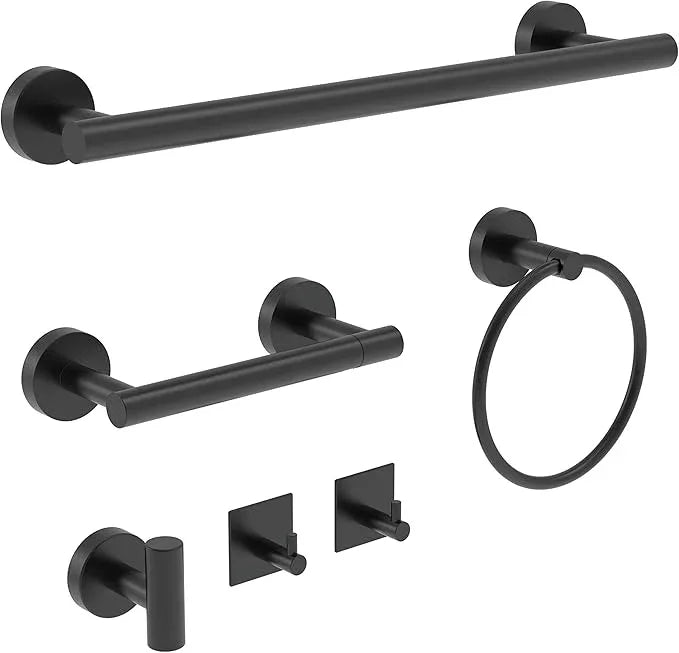 6 PCS Bathroom Hardware Set, Including 16" Hand Towel Bar, Toilet Paper Holder, Towel Ring, Robe Towel Hooks, Bathroom Accessories Kit(Matte Black) - ModernBath