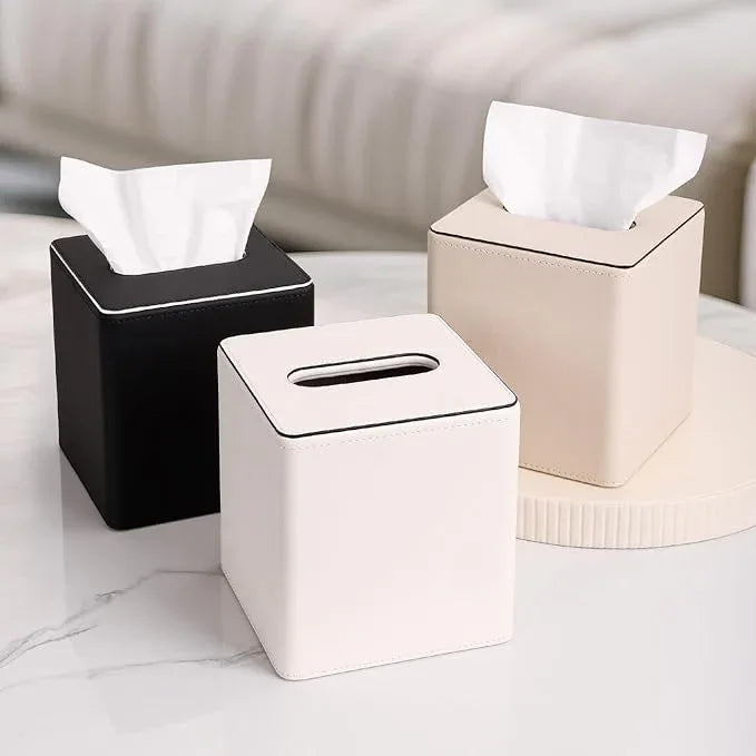 KINGFOM Leather Tissue Box Cover – Square Modern PU Leather Tissue Holder, Cube Tissue Dispenser for Home, Office, Bedroom, Bathroom – Elegant Minimalist Style (Ivory White-Square) - ModernBath