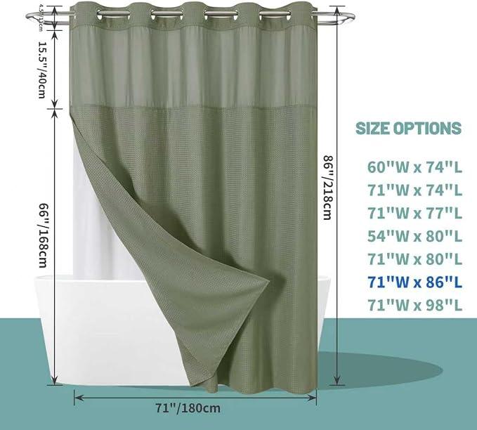 eachope SageGreen Extra Long No Hook Waffle Weave Shower Curtain with snap-in Liner Replacement, 230GSM Waterproof Fabric Hotel Shower Curtain Set for Bathroom, Through Mesh Top Window,71Wx86H - ModernBath
