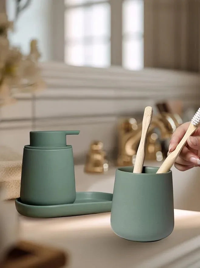 INGOFIN 3 Pcs Ceramic Bathroom Accessory Set - Foam Soap Dispenser, Toothbrush Holder & Tray, Bathroom Counter Set, Countertop Essentials for Home, Guest Bathroom, or Office Use, Matte Green - ModernBath