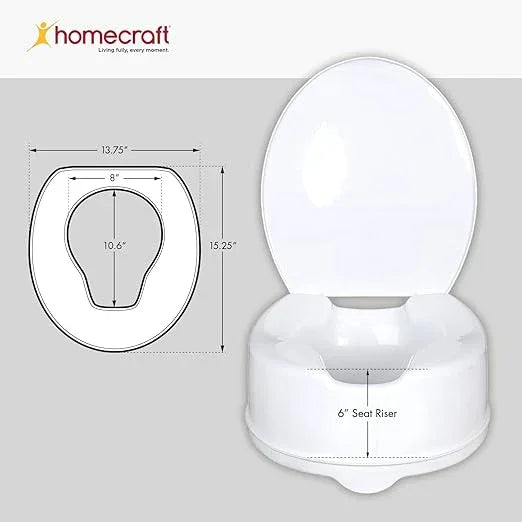Homecraft Savanah Raised Toilet Seat with Lid, 6" Elevated Seat for Seniors, Universal Fit for Most Standard Toilets, Portable & Tool-Free, Seat Riser, Ergonomic Design, White - ModernBath