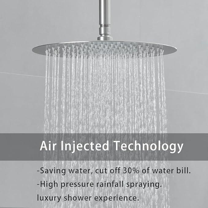 JingGang Brushed Nickel Ceiling Mount Round Rain Shower System with 16 Inch Shower Head and Handheld Bathroom Shower Set Contain Shower Faucet Trim Kit (Mixer Valve Included) - ModernBath