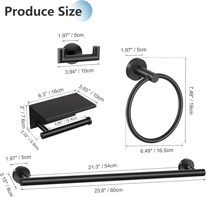 TNOMS 5 Pieces Towel Bar Set Matte Black Bathroom Hardware Set Upgraded Toilet Paper Holder with Shelf Towel Rail Set for Bathroom Stainless Steel Wall Mounted 23.6 Inch - ModernBath