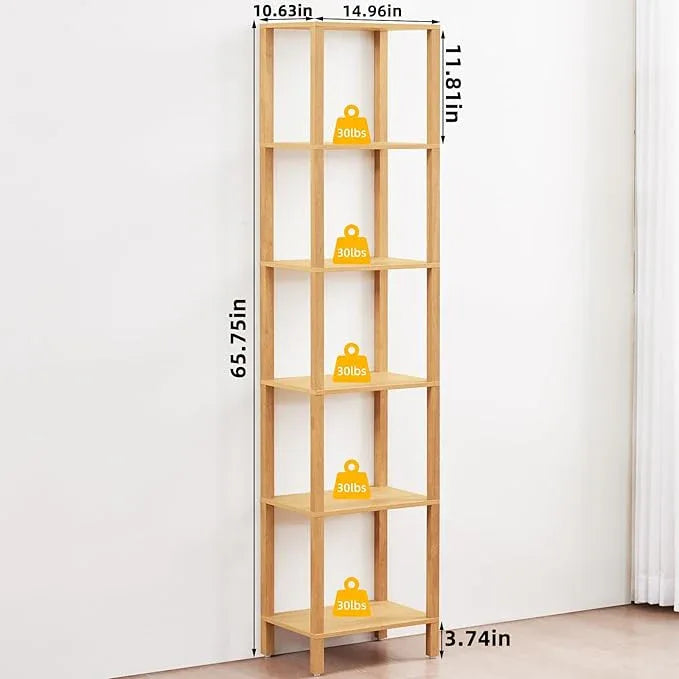 66in Tall Bookshelf 6-Tier Small Narrow Bookcase, Skinny Book Shelf for Small Space, Farmhouse Slim Shelf with Storage, Wood Freestanding Display Thin Bookshelves for Living Room, Natural - ModernBath