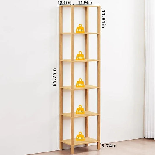 66in Tall Bookshelf 6-Tier Small Narrow Bookcase, Skinny Book Shelf for Small Space, Farmhouse Slim Shelf with Storage, Wood Freestanding Display Thin Bookshelves for Living Room, Natural - ModernBath