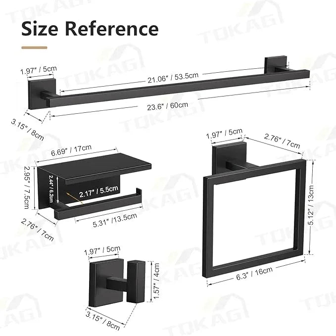 TQKAG 5-Pieces Matte Black Bathroom Hardware Accessories Set 23.6" SUS304 Stainless Steel Towel Bar Set Wall Mounted Square Toilet Paper Holder with Shelf - ModernBath