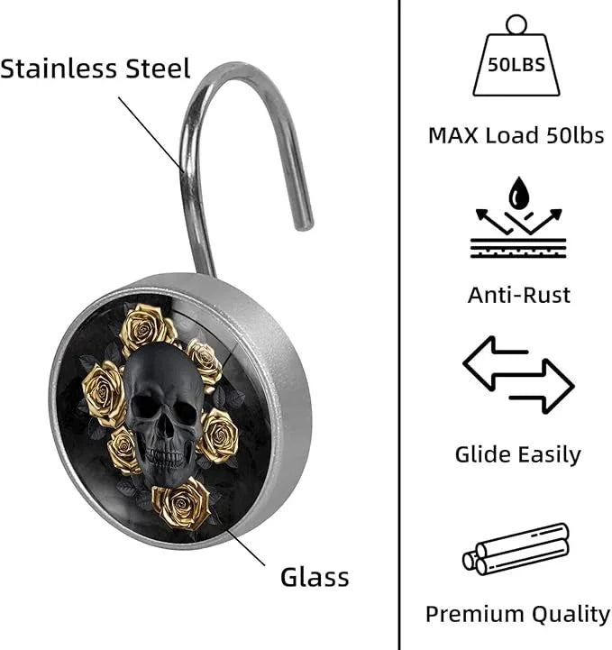 Black Skull with Gold Roses Shower Curtain Hooks Set of 12 Rustproof Metal Decorative Shower Hooks for Curtains Rods Shower Curtain Rings for Bathroom Living Room Bedroom - ModernBath