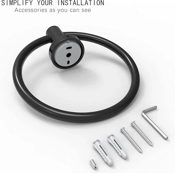 Matte Black 2 Pack Towel Ring, Hand Towel Holder for Bathroom Kitchen Modern Rounded Base Wall Mount SUS304 Stainless Steel, 180° Rotation - ModernBath