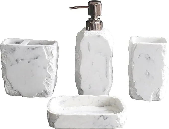 Hymmah Marble Bathroom Accessories Set,Marble Design Toothbrush Holder,Farmhouse Bathroom Decor,4 Pcs Resin Gift Set Apartment Necessities, Contain Toothbrush Cup,Soap Dispenser,Soap Dish,Tumbler - ModernBath