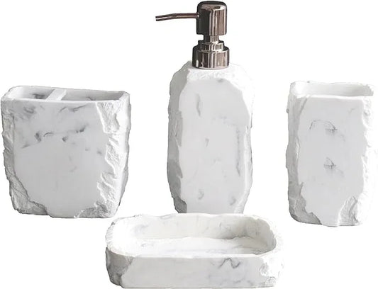 Hymmah Marble Bathroom Accessories Set,Marble Design Toothbrush Holder,Farmhouse Bathroom Decor,4 Pcs Resin Gift Set Apartment Necessities, Contain Toothbrush Cup,Soap Dispenser,Soap Dish,Tumbler - ModernBath