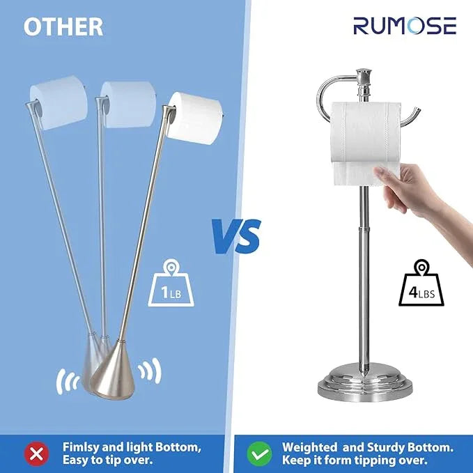RUMOSE Toilet Paper Holder Stand for Floor, Polished Chrome Adjustable (12.4" to 22.8") Bathroom Toilet Tissue Holder, Free Standing Toilet Paper Roll Holder with Storage, Stainless Steel - ModernBath
