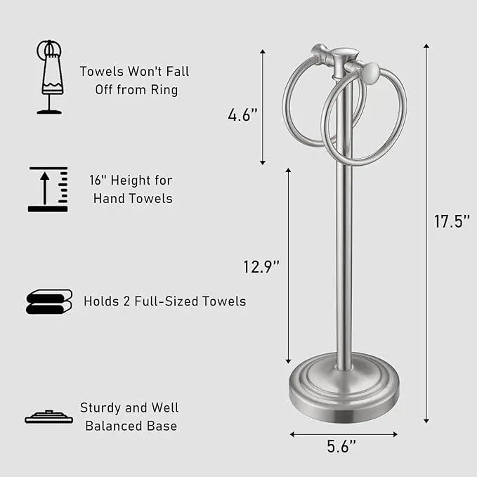 Hoimpro 17" Brushed Nickel Standing Towel Rack Bracket, Double Towel Ring Hand Towel Free Stand Holder Bathroom Hardware Accessories Set, Towel Bar for Bathroom Vanities and Kitchen Countertops - ModernBath