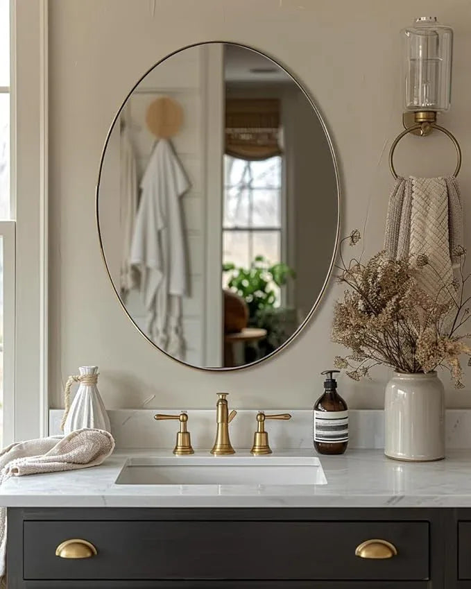 ANDY STAR Gold Oval Mirrors for Bathroom, 22x30 Inch Brushed Gold Stainless Steel Metal Framed Oval Wall Mirror, Modern Vanity Mirror Wall Mount Horizontal or Vertical - ModernBath