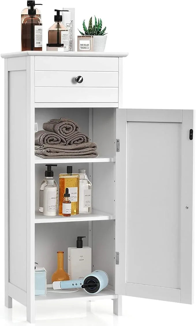 GOFLAME Bathroom Storage Cabinet, Freestanding Wooden Storage Cabinet with Large Drawer, 2 Float Shelves with 7 Positions, Bathroom Floor Cabinet Organizer for Living Room, White - ModernBath