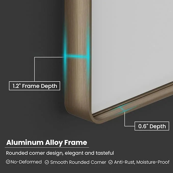 JISOSO Bronze Bathroom Mirror 55x36 Inch, Brushed Bronze Metal Frame Mirror for Wall, Rounded Rectangle Bathroom Vanity Mirror with Tempered Glass, Anti-Rust, Horizontal/Vertical - ModernBath